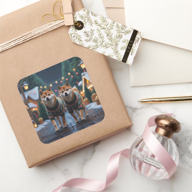 Adesivo Quadrado Shiba Inu Dogs Christmas Snow Holiday (Presentear)