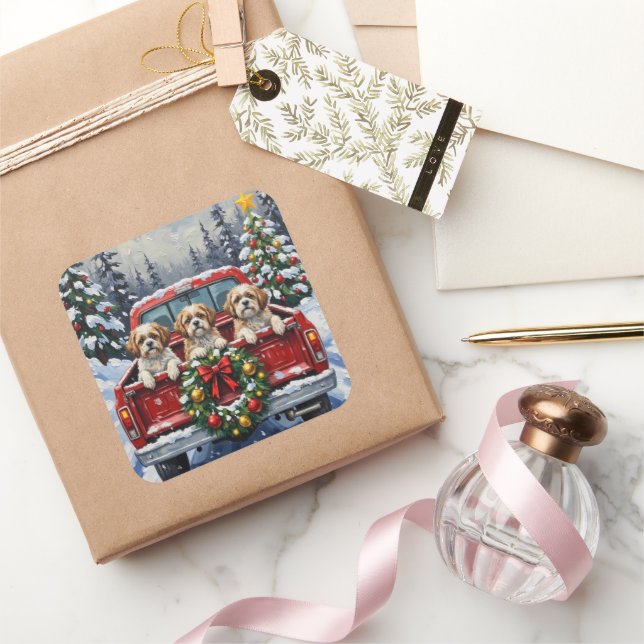 Adesivo Quadrado Shih Tzu Christmas Red Truck Holiday (Presentear)
