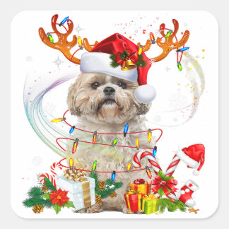 Adesivo Quadrado Shih Tzu Christmas Reindeer | Luzes de Natal