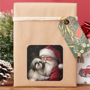 Adesivo Quadrado Shih Tzu Com Papai Noel Natal Festivo