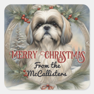 Adesivo Quadrado Shih Tzu Dog Cartão de Natal Personalizado