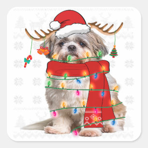 Adesivo Quadrado Shih Tzu Dog Christmas Light Funny Puppy Pet Lover