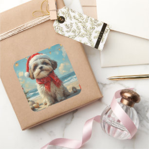 Adesivo Quadrado Shih Tzu Dog Christmas Vintage Beach