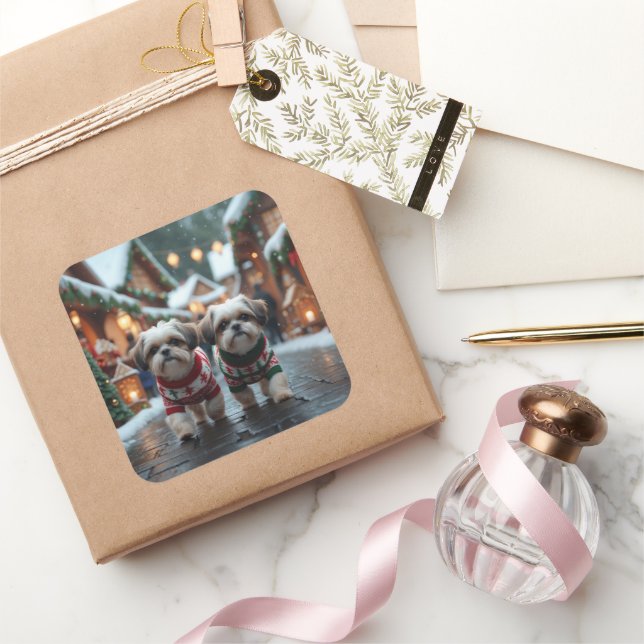 Adesivo Quadrado Shih Tzu Dogs Christmas Snow Holiday (Presentear)