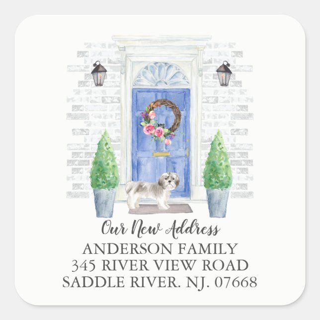 Adesivo Quadrado Shihzu Blue Door New Address Label Sticker (Frente)
