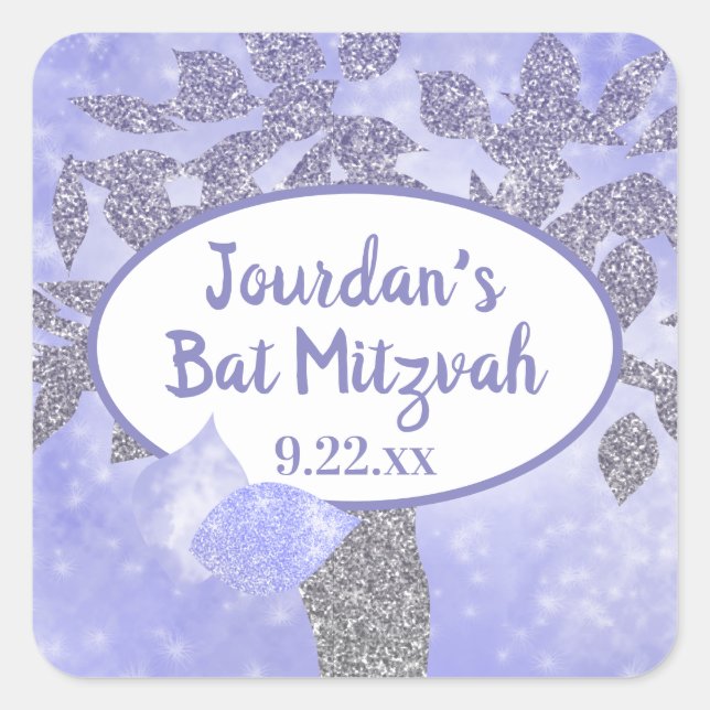 Adesivo Quadrado Shimmery Silver Tree of Life Bat Mitzvah Sticker (Frente)