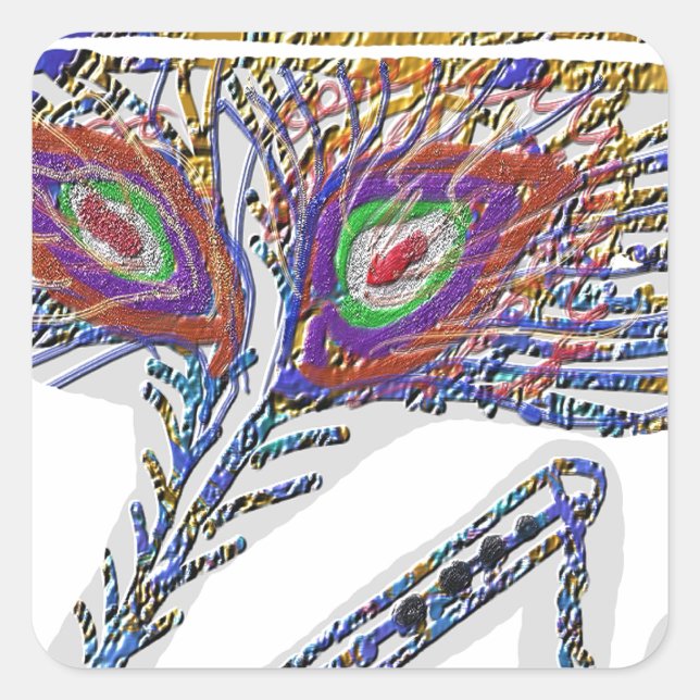 Adesivo Quadrado Shri KRISHNA: FlUTE, Pavão, Penas, Makhan (Frente)