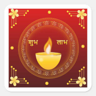 Adesivo Quadrado Shubh Labh Diwali Diya Dourado Vermelho Tradiciona
