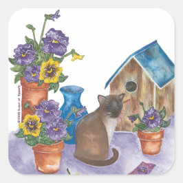 Adesivo Quadrado Siamês Cat Birdhouse Pansies Watercolor "Anthony"