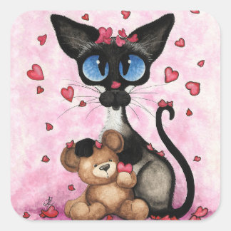 Adesivo Quadrado Siamese Cat Valentines Day by Bihrle