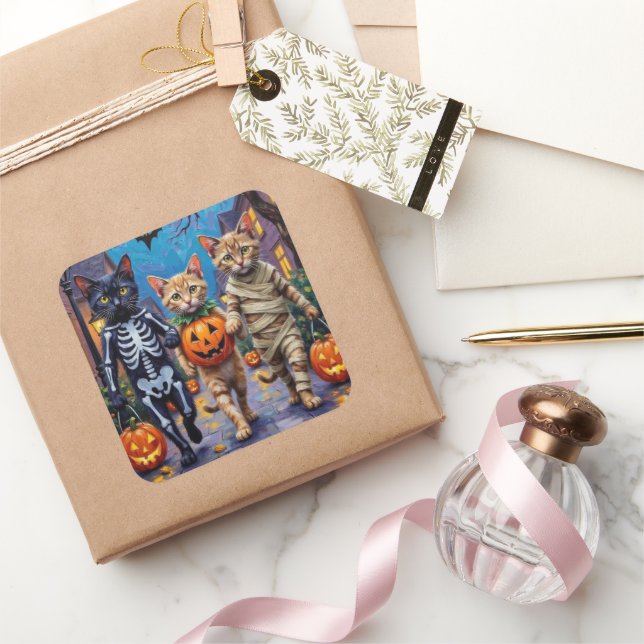 Adesivo Quadrado Siamese Cats Trick-or-Treating Halloween Costumes (Presentear)