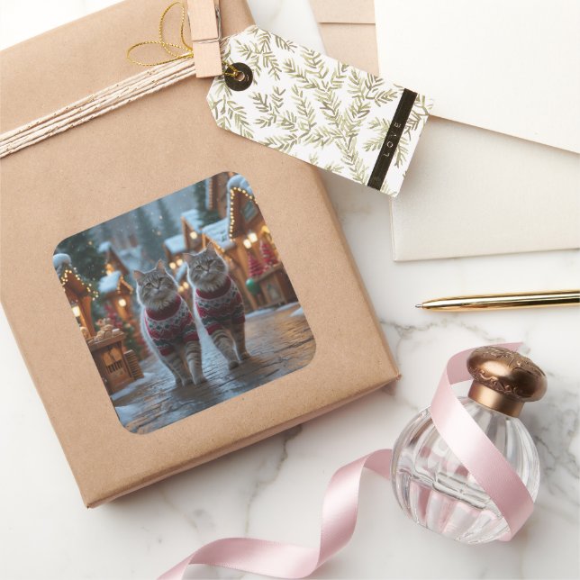 Adesivo Quadrado Siberian Cats Christmas Snow Holiday  (Presentear)