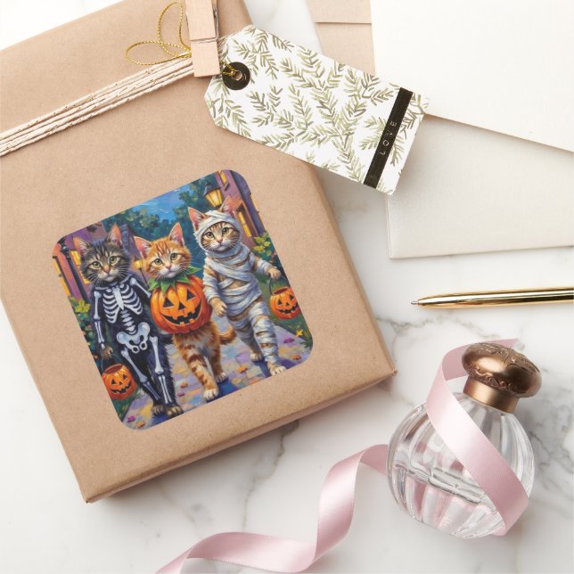 Adesivo Quadrado Siberian Cats Trick-or-Treating Halloween Costumes (Presentear)