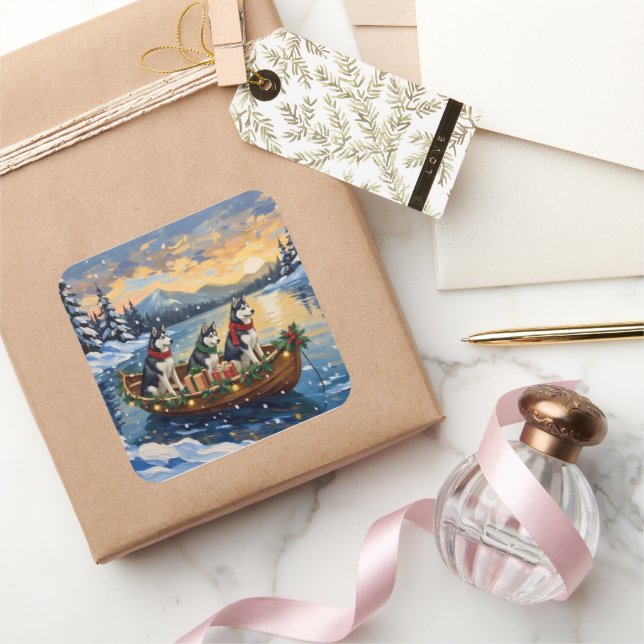 Adesivo Quadrado Siberian Husky Christmas Boat Holiday (Presentear)