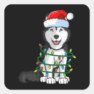 Adesivo Quadrado Siberian Husky Christmas Santa Hat Xmas Lights Dog