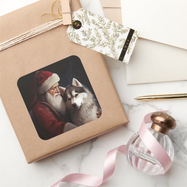 Adesivo Quadrado Siberian Husky com Papai Noel Natal Festivo (Presentear)