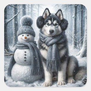 Adesivo Quadrado Siberian Husky Com Snowman