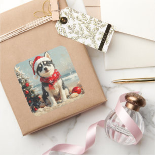 Adesivo Quadrado Siberian Husky Dog Christmas Vintage Beach