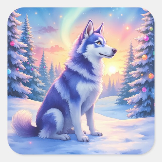 Adesivo Quadrado Siberian Husky Northern Lights Christmas Winter (Frente)