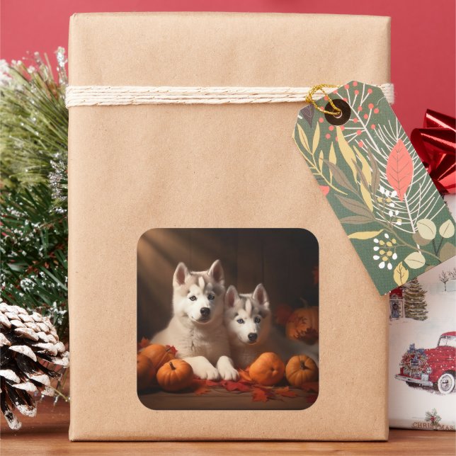 Adesivo Quadrado Siberian Husky Puppy Autumn Delight Pumpkin (Feriado)