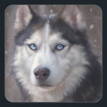 Adesivo Quadrado Siberian Husky Snow<br><div class="desc">Esta pintura digital representa um Husky Siberiano sobre a neve,  seu pelo brilhando com realces gelados enquanto a paisagem de inverno se estende infinitamente atrás dela. Os olhos expressivos do cão chamam a atenção do espectador.</div>