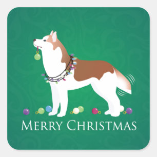 Adesivo Quadrado Siberian Husky - Vermelho - Design de Natal feliz