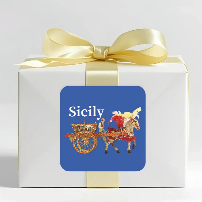 Adesivo Quadrado Sicily Cart and Horse Carretto Siciliano Blue (Sicily traditional horse and cart Blue sticker - Sicilian heritage carretto siciliano)
