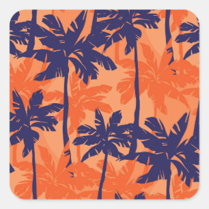 Adesivo Quadrado Silhueta azul de palma, fundo laranja