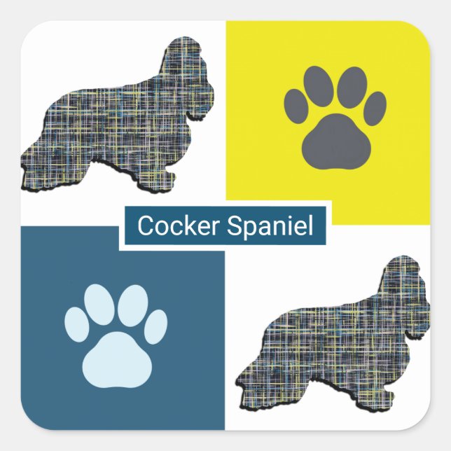 Adesivo Quadrado Silhueta de Cachorro Espanhol de Cocker & Grade de (Frente)