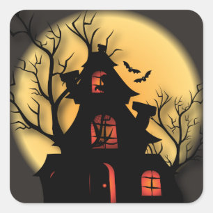 Adesivo Quadrado Silhueta de casa assombrada Halloween