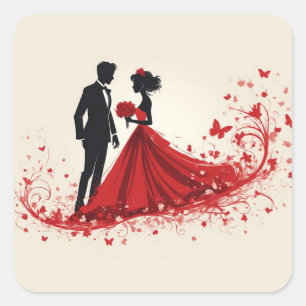 Adesivo Quadrado Silhueta de Casamento Vermelho Romântico de Noiva