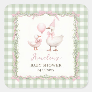 Adesivo Quadrado Silly Goose Green Gingham Baby Shower Sticker