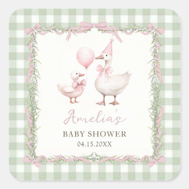 Adesivo Quadrado Silly Goose Green Gingham Baby Shower Sticker (Frente)