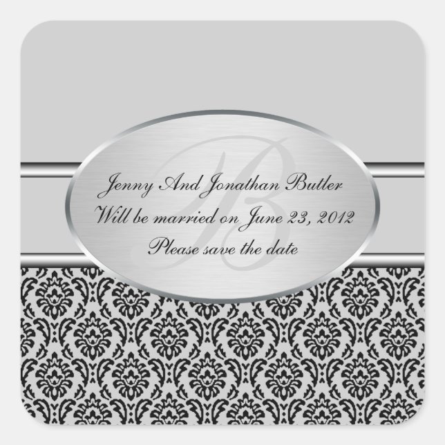 Adesivo Quadrado Silver Damask Save The Date Stickers (Frente)