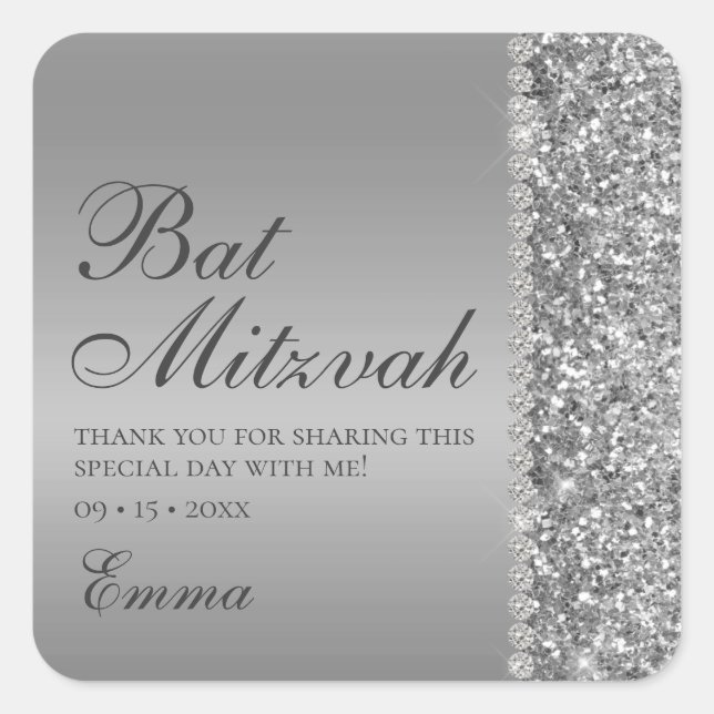 Adesivo Quadrado Silver Glitter Bat Mitzvah (Frente)