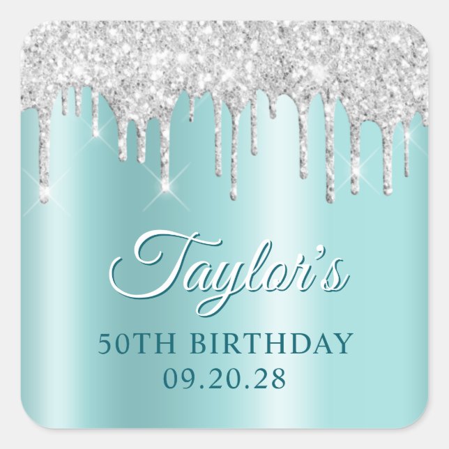 Adesivo Quadrado Silver Glitter Drips Light Turquoise Drop Shadow (Frente)