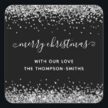 Adesivo Quadrado Silver Glitter Merry Christmas Script Names Black<br><div class="desc">Glitter Silver Feliz Nomes De Manuscrito De Natal Preto. Personalize facilmente o texto.</div>
