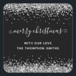 Adesivo Quadrado Silver Glitter Merry Christmas Script Names Black<br><div class="desc">Glitter Silver Feliz Nomes De Manuscrito De Natal Preto. Personalize facilmente o texto.</div>