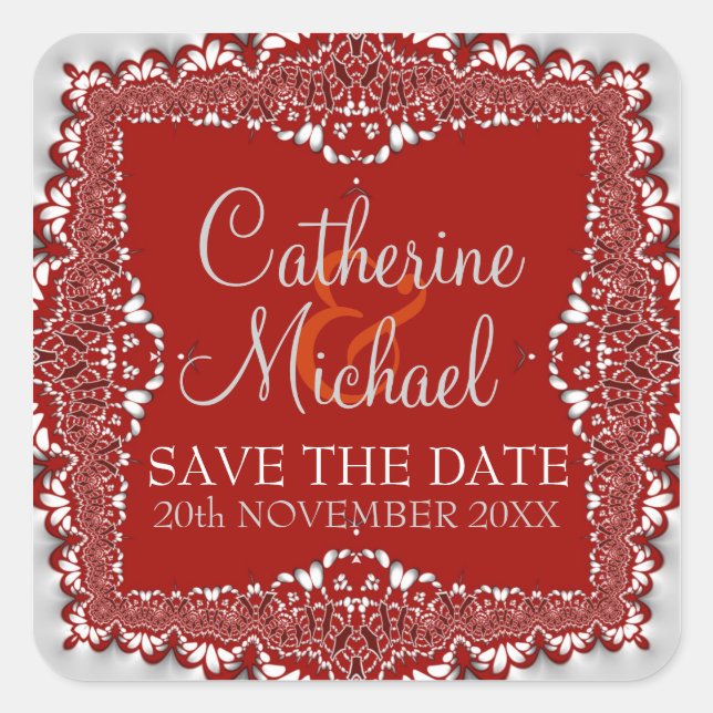 Adesivo Quadrado Silver+Red Lace Weding the Date Sticker (Frente)