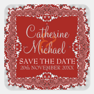 Adesivo Quadrado Silver+Red Lace Weding the Date Sticker