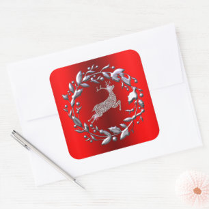 Adesivo Quadrado Silver Reindeer e Wreath Red Christmas