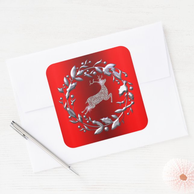 Adesivo Quadrado Silver Reindeer e Wreath Red Christmas (Envelope)
