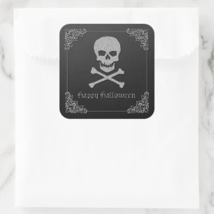 Adesivo Quadrado Silver Skull e Crossbones Halloween