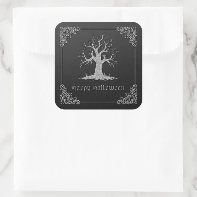 Adesivo Quadrado Silver Spooky Tree Halloween (Bolsa)