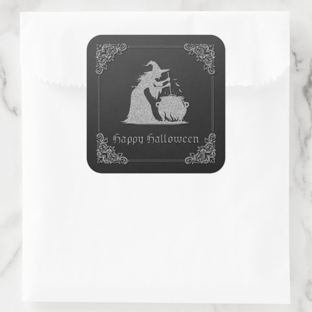 Adesivo Quadrado Silver Witch e Cauldron Halloween (Bolsa)
