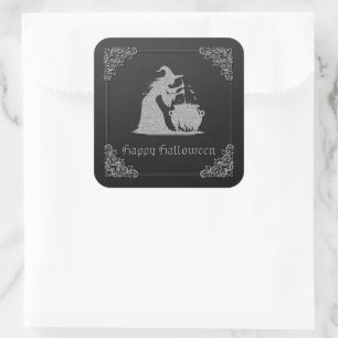 Adesivo Quadrado Silver Witch e Cauldron Halloween