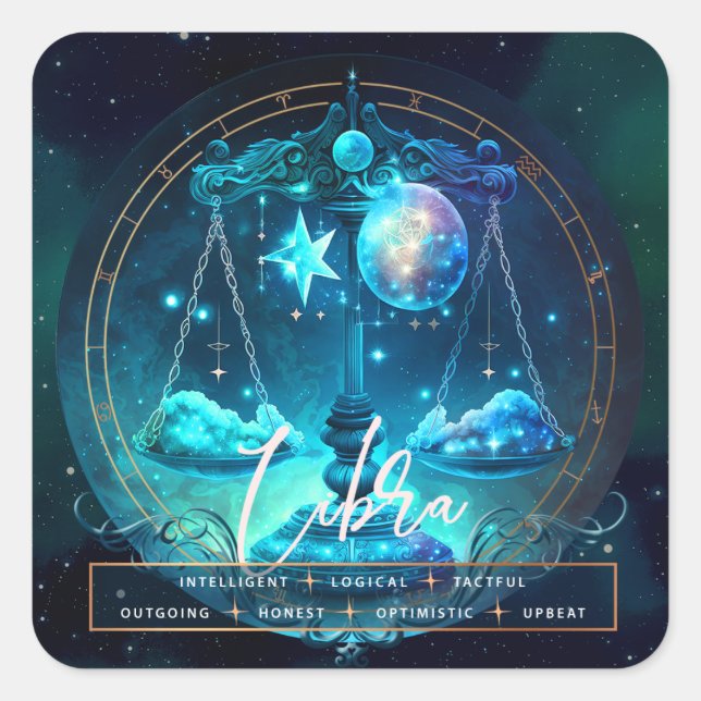 Adesivo Quadrado Símbolo Celestial Libra Fantasy Ehereal Blue Zodia (Frente)