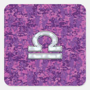 Adesivo Quadrado Símbolo Libra Zodiac no Camo Digital Fuchsia