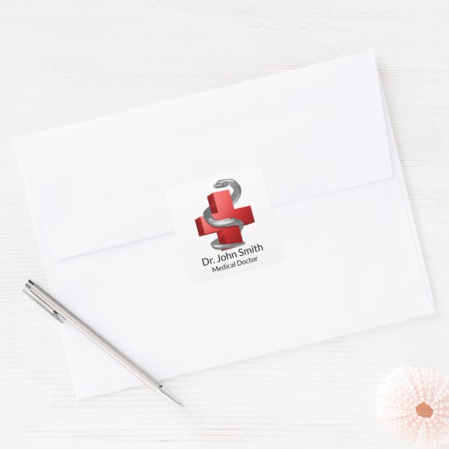 Adesivo Quadrado Símbolo Vermelho Cruz Médica Cobra (Envelope)