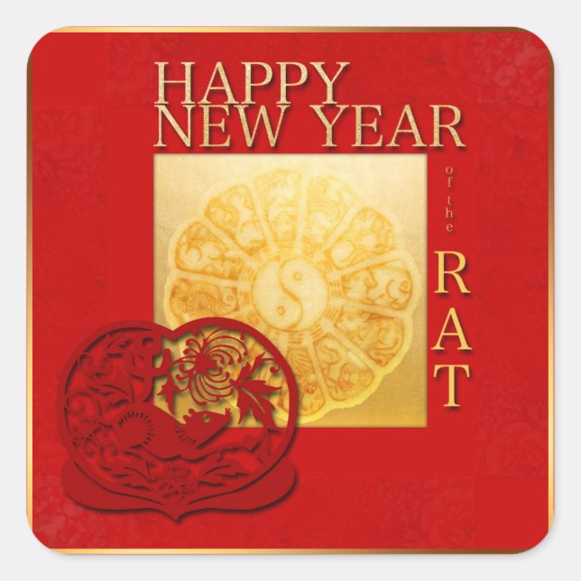 Adesivo Quadrado Símbolos do Zodíaco Yin Yang Chinês Rat Year 2020  (Frente)
